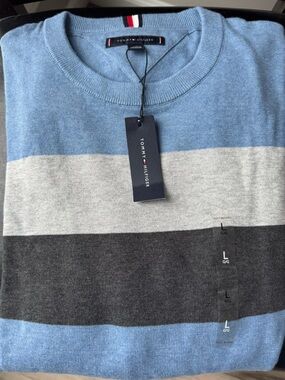 NWT Tommy Hilfiger Men's Striped Crewneck Sweater in Light Blue/Gray/Charcoal